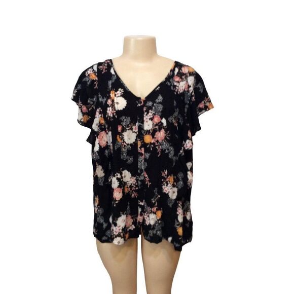 TORRID Women Flower Print Short Sleeve Top Size 2 Black with Multicolor - Picture 1 of 4